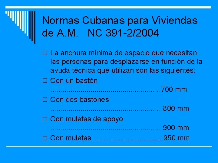 Normas Cubanas para Viviendas de A. M. NC 391 -2/2004 o La anchura mínima