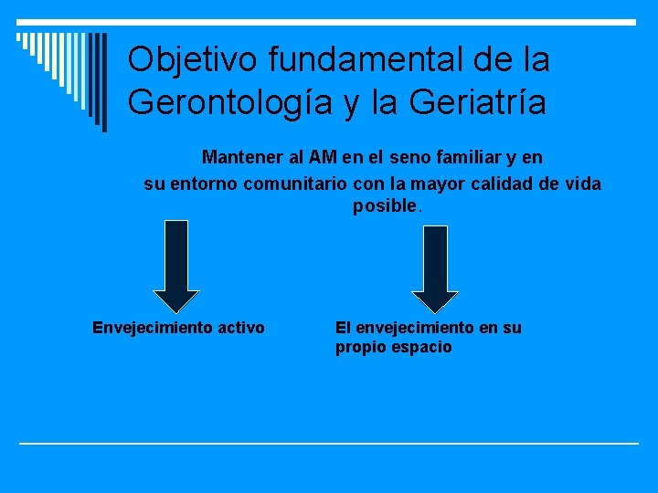 Objetivo fundamental de la Gerontología y la Geriatría Mantener al AM en el seno