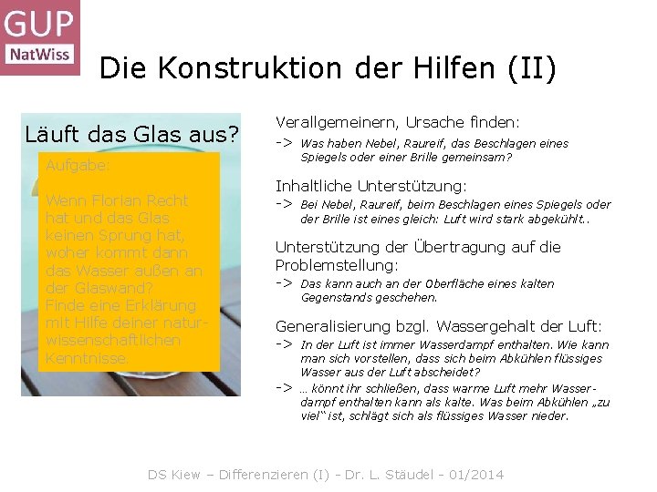 Die Konstruktion der Hilfen (II) Läuft das Glas aus? Verallgemeinern, Ursache finden: -> Was