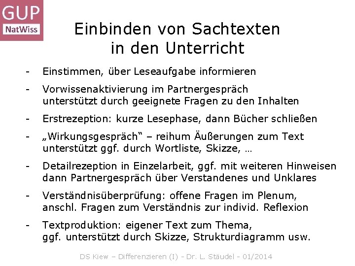 Einbinden von Sachtexten in den Unterricht - Einstimmen, über Leseaufgabe informieren - Vorwissenaktivierung im