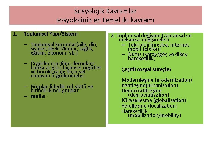 Sosyolojik Kavramlar sosyolojinin en temel iki kavramı 1. Toplumsal Yapı/Sistem – Toplumsal kurumlar(aile, din,