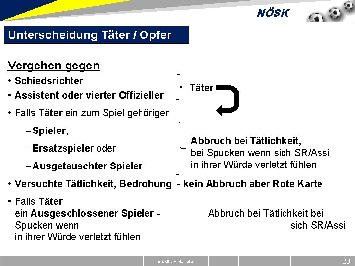 NÖSK Unterscheidung Täter / Opfer Vergehen gegen • Schiedsrichter • Assistent oder vierter Offizieller