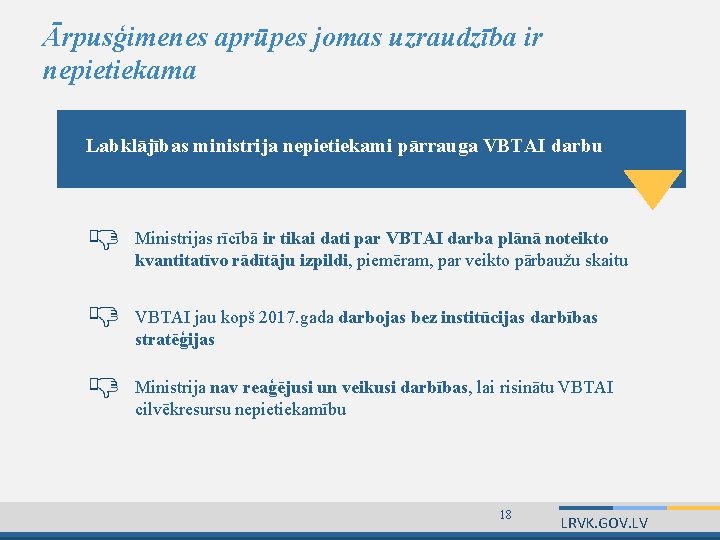 Ārpusģimenes aprūpes jomas uzraudzība ir nepietiekama Labklājības ministrija nepietiekami pārrauga VBTAI darbu Ministrijas rīcībā