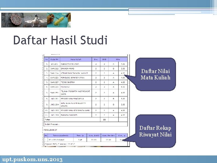 Daftar Hasil Studi Daftar Nilai Mata Kuliah Daftar Rekap Riwayat Nilai upt. puskom. uns.
