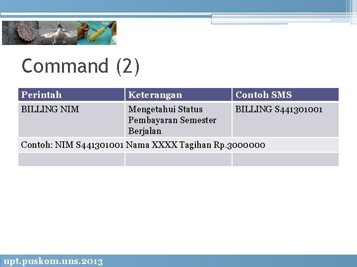 Command (2) Perintah Keterangan Contoh SMS BILLING NIM Mengetahui Status Pembayaran Semester Berjalan BILLING