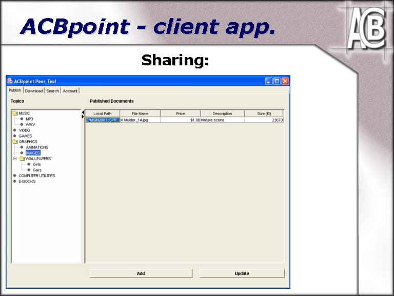 ACBpoint - client app. Sharing: Publishing (Sharing)… Searching… 