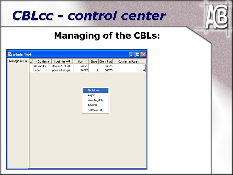 CBLcc - control center Managing of the CBLs: Publishing (Sharing)… Control Center for administrators