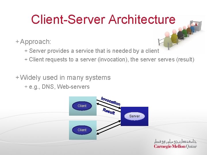 Client-Server Architecture Approach: Server provides a service that is needed by a client Client