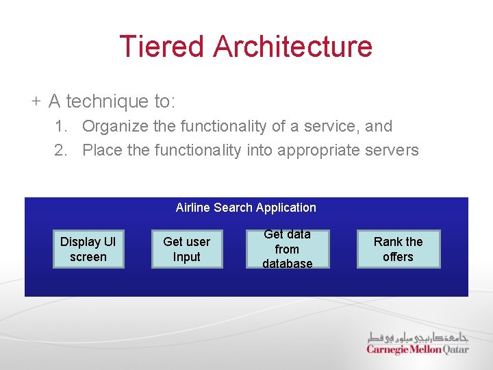 Tiered Architecture A technique to: 1. Organize the functionality of a service, and 2.