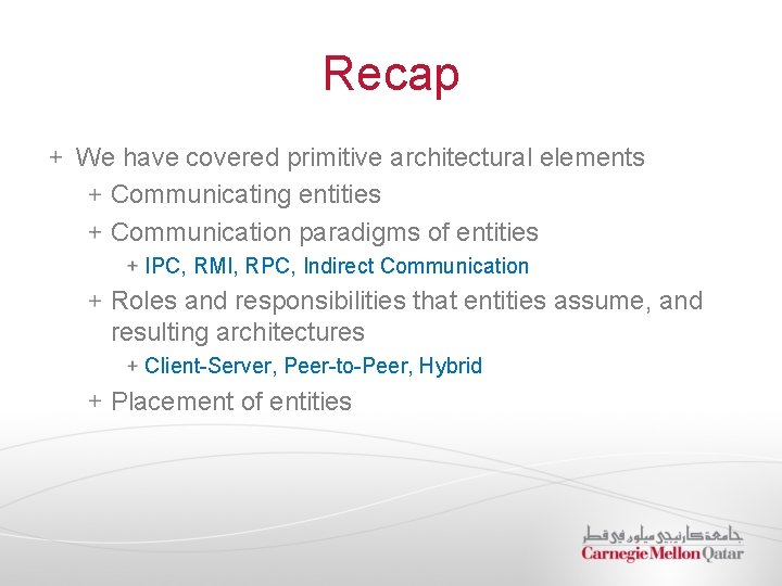 Recap We have covered primitive architectural elements Communicating entities Communication paradigms of entities IPC,