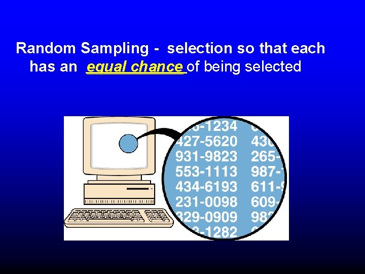 Random Sampling - selection so that each has an equal chance of being selected Random Sampling - selection so that each has an equal chance of being selected