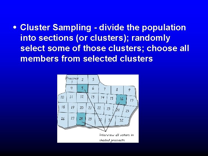 • Cluster Sampling - divide the population into sections (or clusters); randomly select • Cluster Sampling - divide the population into sections (or clusters); randomly select