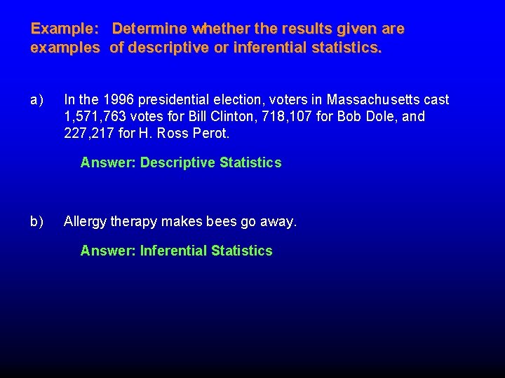Example: Determine whether the results given are examples of descriptive or inferential statistics. a) Example: Determine whether the results given are examples of descriptive or inferential statistics. a)
