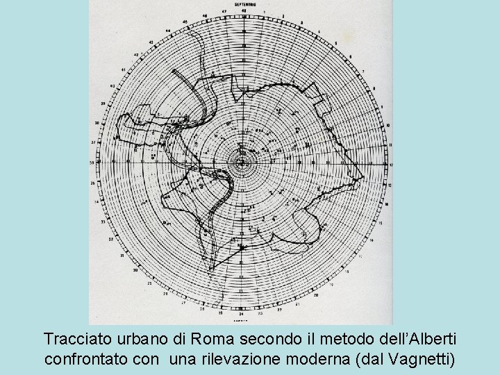 Tracciato urbano di Roma secondo il metodo dell’Alberti confrontato con una rilevazione moderna (dal
