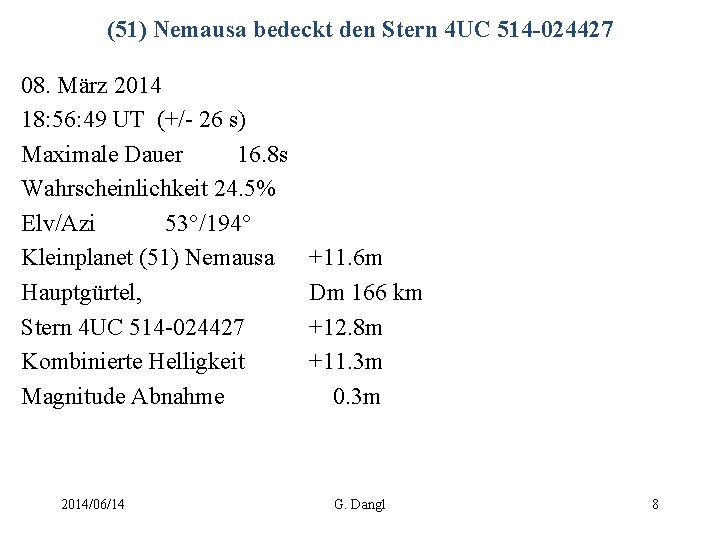 (51) Nemausa bedeckt den Stern 4 UC 514 -024427 08. März 2014 18: 56: