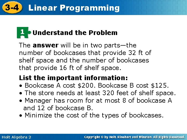 3 -4 Linear Programming 1 Understand the Problem The answer will be in two
