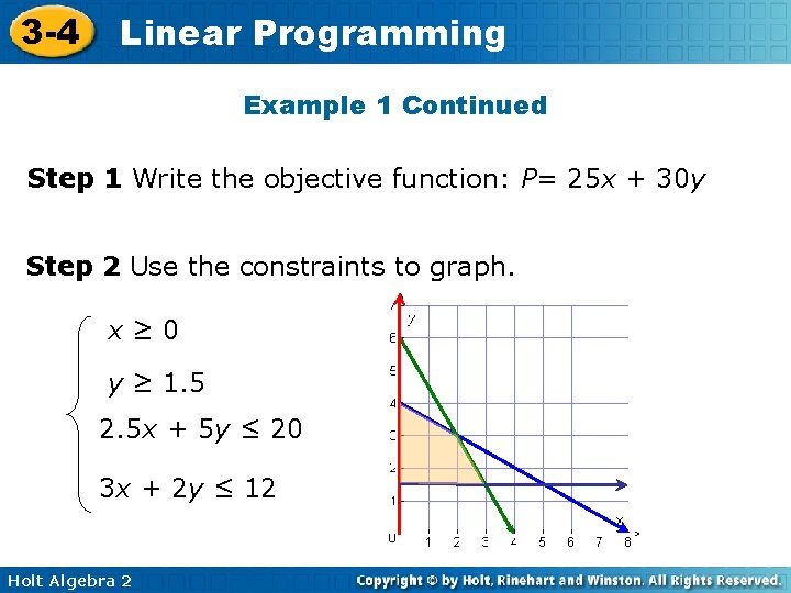 3 -4 Linear Programming Example 1 Continued Step 1 Write the objective function: P=