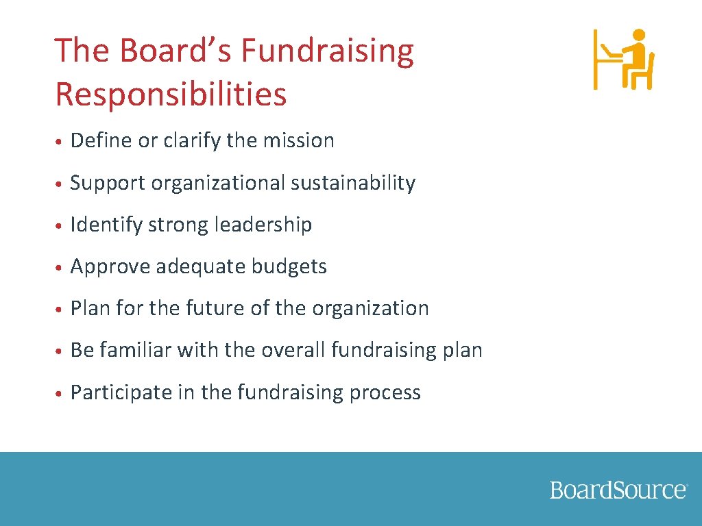 The Board’s Fundraising Responsibilities • Define or clarify the mission • Support organizational sustainability