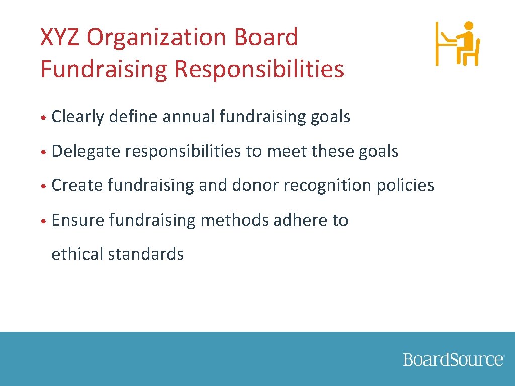 XYZ Organization Board Fundraising Responsibilities • Clearly define annual fundraising goals • Delegate responsibilities