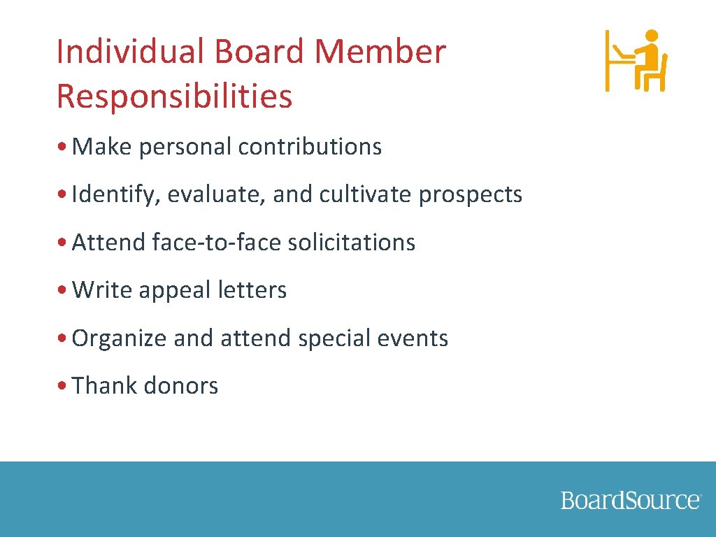 Individual Board Member Responsibilities • Make personal contributions • Identify, evaluate, and cultivate prospects
