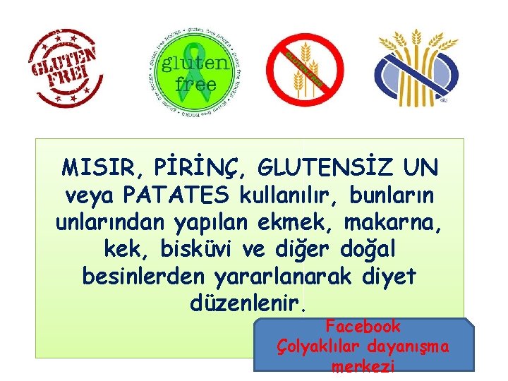 MISIR, PİRİNÇ, GLUTENSİZ UN veya PATATES kullanılır, bunlarından yapılan ekmek, makarna, kek, bisküvi ve