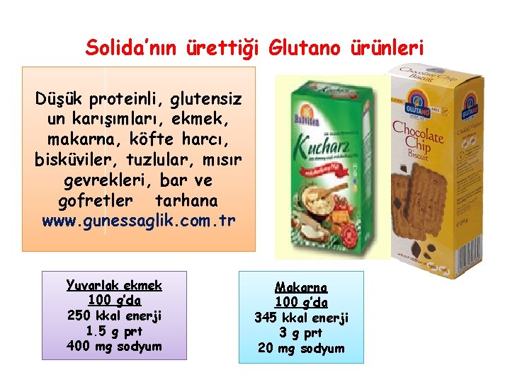 Solida’nın ürettiği Glutano ürünleri Düşük proteinli, glutensiz un karışımları, ekmek, makarna, köfte harcı, bisküviler,