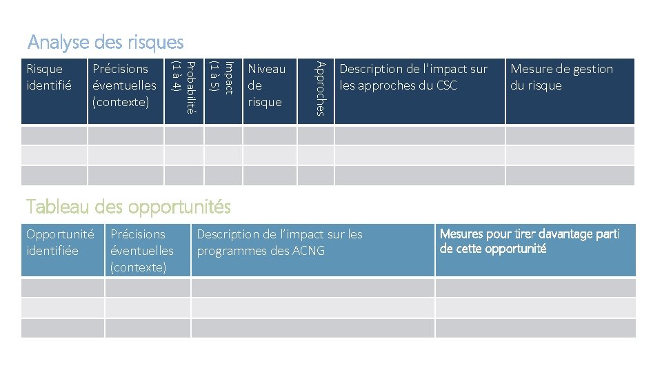 Analyse des risques Niveau de risque Approches Impact (1 à 5) Précisions éventuelles (contexte)