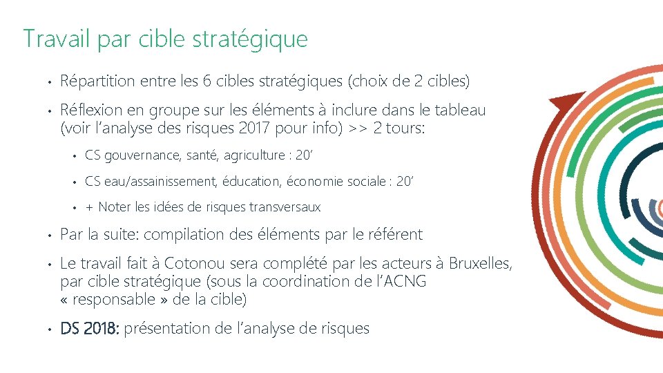 Travail par cible stratégique • • • Répartition entre les 6 cibles stratégiques (choix