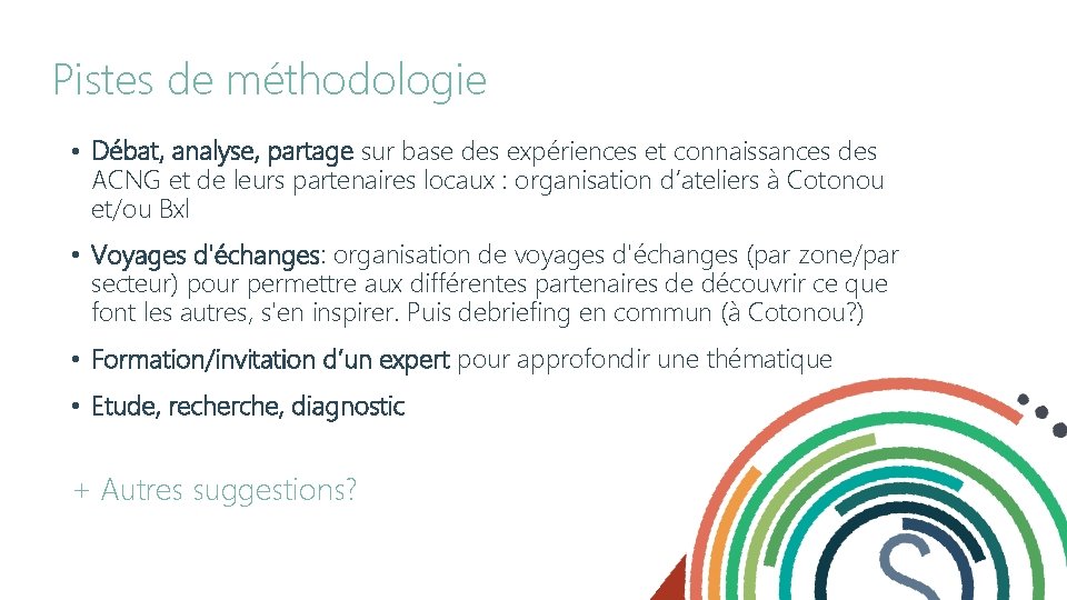 Pistes de méthodologie • Débat, analyse, partage sur base des expériences et connaissances des