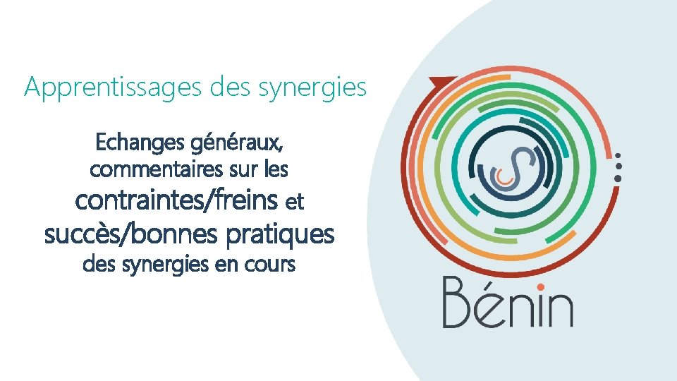 Apprentissages des synergies Echanges généraux, commentaires sur les contraintes/freins et succès/bonnes pratiques des synergies