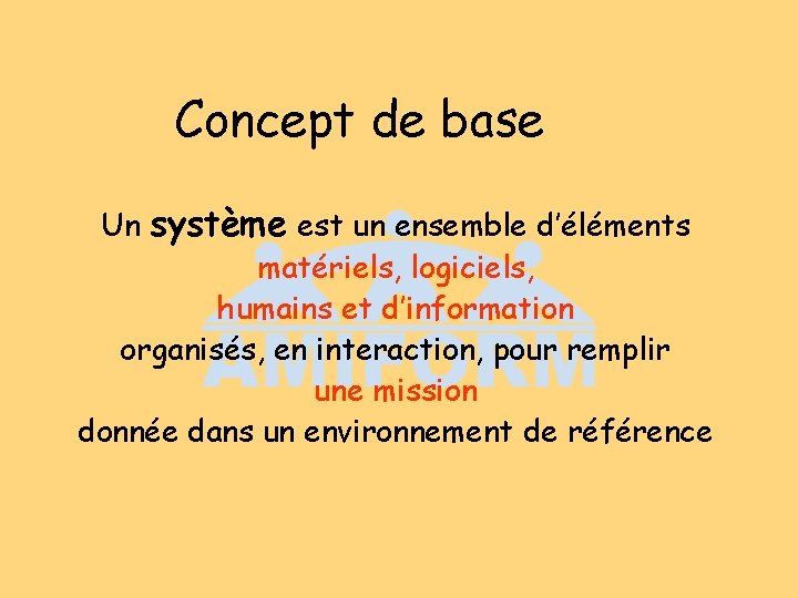 Concept de base Un système est un ensemble d’éléments matériels, logiciels, humains et d’information