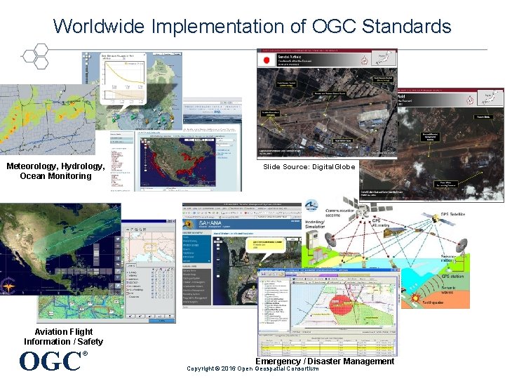 Worldwide Implementation of OGC Standards Meteorology, Hydrology, Ocean Monitoring Slide Source: Digital. Globe Aviation