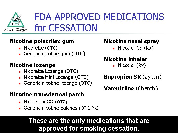 FDA-APPROVED MEDICATIONS for CESSATION Nicotine polacrilex gum n n Nicorette (OTC) Generic nicotine gum