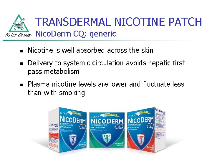 TRANSDERMAL NICOTINE PATCH Nico. Derm CQ; generic n n n Nicotine is well absorbed