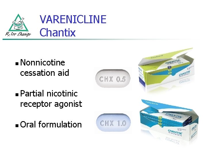 VARENICLINE Chantix n n n Nonnicotine cessation aid Partial nicotinic receptor agonist Oral formulation