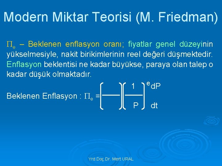 Modern Miktar Teorisi (M. Friedman) e – Beklenen enflasyon oranı; fiyatlar genel düzeyinin yükselmesiyle,