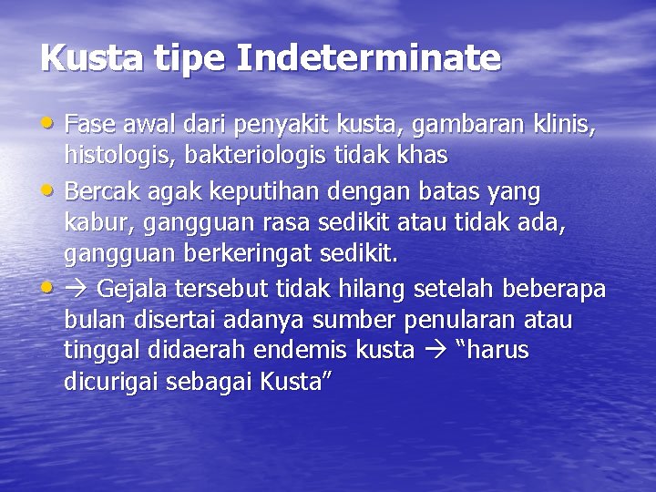 Kusta tipe Indeterminate • Fase awal dari penyakit kusta, gambaran klinis, • • histologis,