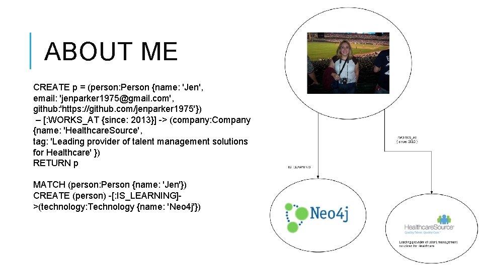 ABOUT ME CREATE p = (person: Person {name: 'Jen', email: 'jenparker 1975@gmail. com', github: