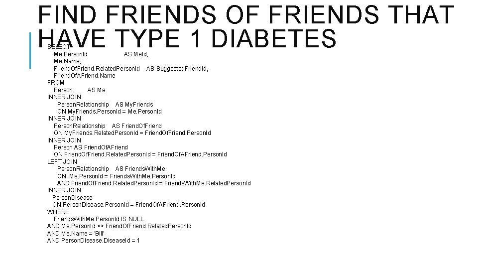FIND FRIENDS OF FRIENDS THAT HAVE TYPE 1 DIABETES SELECT Me. Person. Id AS