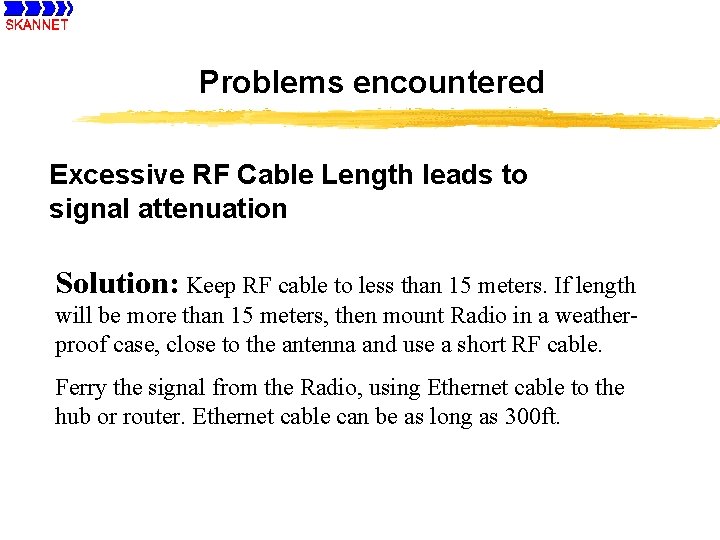 Problems encountered Excessive RF Cable Length leads to signal attenuation Solution: Keep RF cable