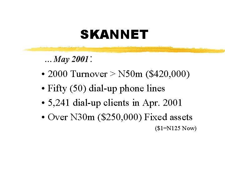 SKANNET …May 2001: • 2000 Turnover > N 50 m ($420, 000) • Fifty