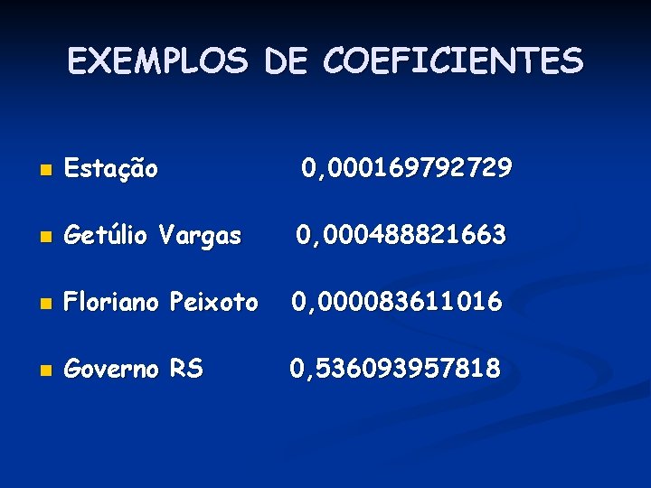 EXEMPLOS DE COEFICIENTES n Estação 0, 000169792729 n Getúlio Vargas 0, 000488821663 n Floriano