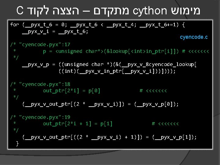 C מתקדם – הצצה לקוד cython מימוש for (__pyx_t_6 = 0; __pyx_t_6 < __pyx_t_4;