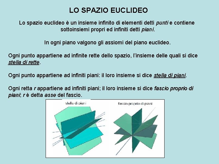 LO SPAZIO EUCLIDEO Lo spazio euclideo è un insieme infinito di elementi detti punti