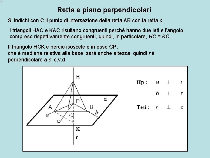 Retta e piano perpendicolari Si indichi con C il punto di intersezione della retta