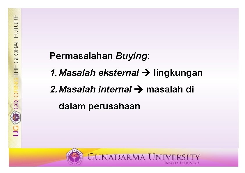 Permasalahan Buying: 1. Masalah eksternal lingkungan 2. Masalah internal masalah di dalam perusahaan 