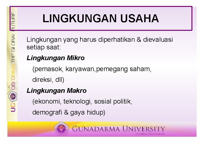 LINGKUNGAN USAHA Lingkungan yang harus diperhatikan & dievaluasi setiap saat: Lingkungan Mikro (pemasok, karyawan,