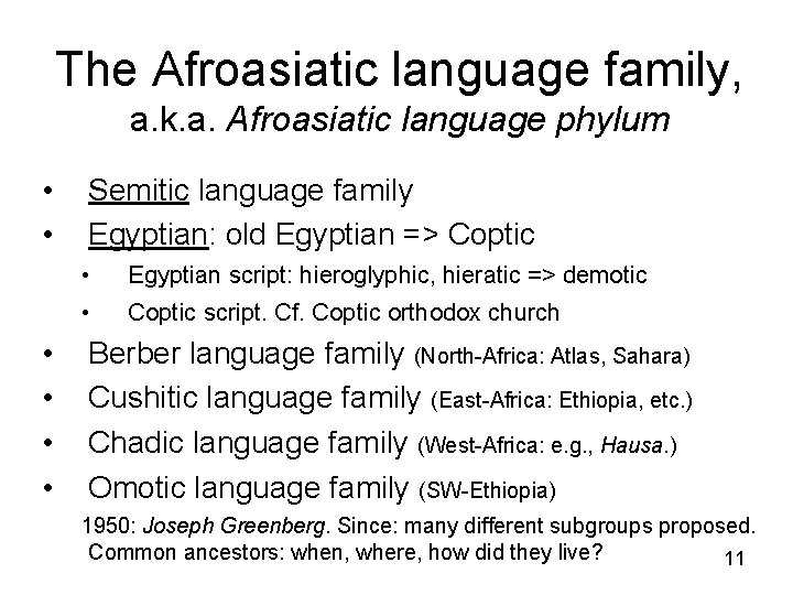 The Afroasiatic language family, a. k. a. Afroasiatic language phylum • • Semitic language