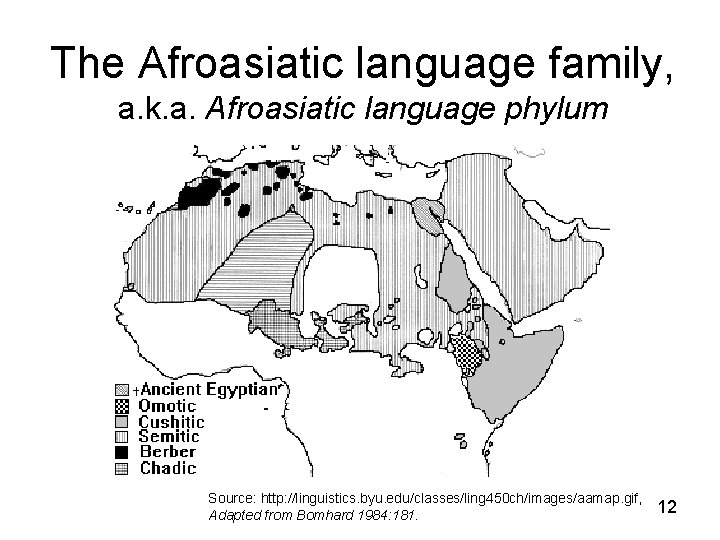 The Afroasiatic language family, a. k. a. Afroasiatic language phylum Source: http: //linguistics. byu.