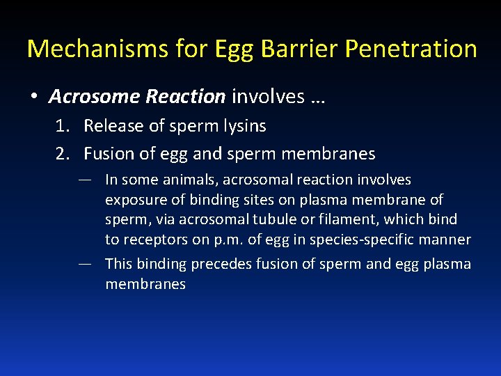 Mechanisms for Egg Barrier Penetration • Acrosome Reaction involves … 1. Release of sperm